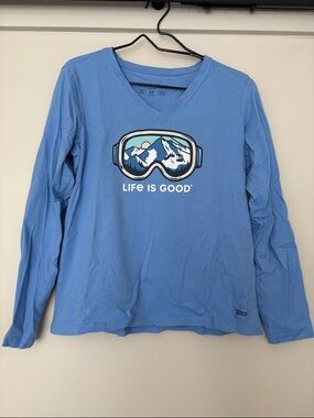 Life Is Good Light Blue V-Neck Long Sleeve Tee with Ski Goggle Graphic